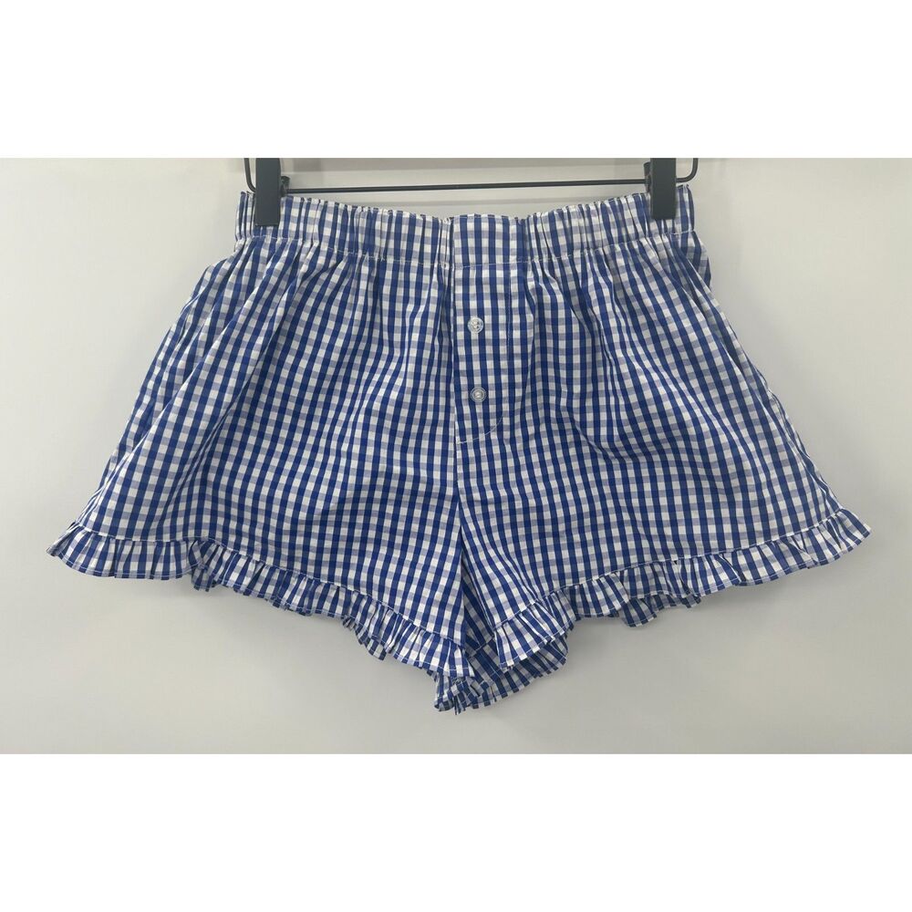 Loucia Gingham Blue White Ruffle Boxer Cotton Blend Shorts Size S